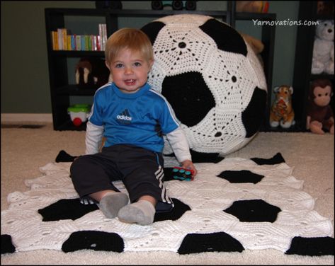 Soccer Ball Bean Bag Chair and Soccer Blanket | Yarnovations Crochet Soccer Ball, Crochet Soccer, Soccer Blanket, Baby Bean Bag, Crochet Cup Cozy, Animal Blanket, Crochet Pillows, Crochet For Boys, Cup Cozy