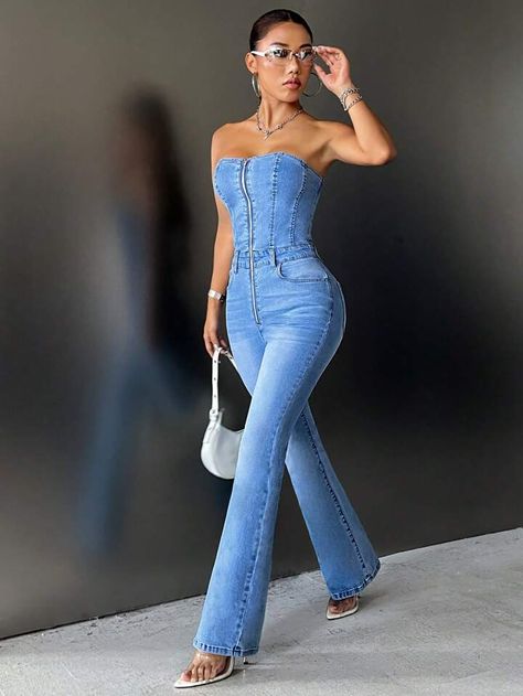 Jean And Heels Outfit Casual, All Jean Outfits For Black Women, Denim Jumpsuit Outfit Black Women, Jeans Jumpsuit Outfit, Jean Jumpsuit Outfit, Jean Aesthetic, Denim Jumpsuit Outfit, Womens Denim Jumpsuit, Festival Fits