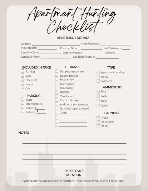 Apartment Hunting Checklist, Hunting Checklist, Apartment Searching, House Hunting Checklist, Apartment Necessities, First Apartment Tips, New Home Essentials, New Home Checklist, First Apartment Checklist