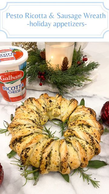 Courtney Mims | SouthernToATea on Instagram: "#Ad This stunning puff pastry wreath will wow at any gathering and bonus, it’s incredibly easy to make! I love appetizers that focus on a few top quality ingredients and the @galbanicheese ricotta really is the star of this dish that brings everything together. Galbani is a staple in our kitchen and on our plates! Pesto Ricotta & Sausage filled Pastry wreath Recipe -1.5 cups ricotta -1lb. Italian sausage -4 tablespoons pesto -1 cup shredded Parmesan cheese -1 roll of puff pastry -1 egg -salt & pepper -brown the sausage on the stovetop until cooked through and set aside -in a bowl, combine ricotta, pesto, shredded Parmesan and season with salt & pepper. Stir until incorporated. Set aside -make the egg wash. In a small bowl combine 1 tables Puff Pastry Wreath, Pastry Wreath, Ricotta Pesto, Pesto Ricotta, Wreath Recipe, Egg Wash, Small Bowl, Parmesan Cheese, 1 Egg