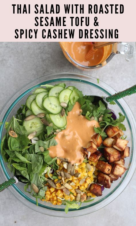 Spicy Cashew Dressing, Tofu Salad Recipes, Roasted Tofu, Cashew Salad, Cashew Dressing, Cucumber Basil, Spicy Cashews, Sesame Tofu, Thai Salad