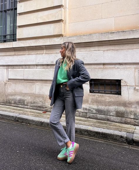 Pink Adidas Outfit, Green Shoes Outfit, Adidas Bold, Adidas Gazelle Pink, Adidas Gazelle Outfit, Mint Outfit, Stylish Street Style, Gazelle Bold, Bold Shoes