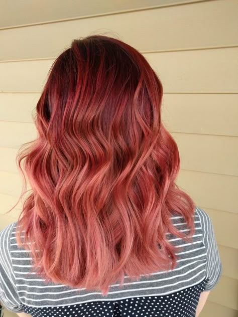 Copper Rose Hair Color, Red To Rose Gold Hair, Peach Auburn Hair, Deep Rose Gold Hair, Burnt Peach Hair, Auburn Hair Balayage Rose Gold, Red Hair With Pink Highlights Rose Gold, Fall Rose Gold Hair, Rose Gold And Copper Hair