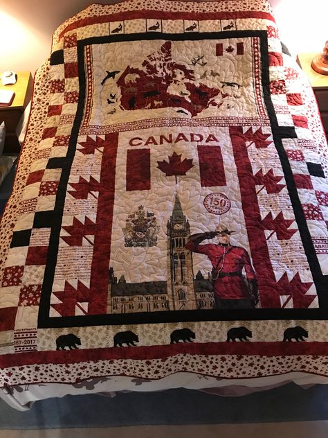 150 Canada Quilt made in 2017 for my father using Northcott fabric Quilt Of Valour Canada, Rcmp Quilt, Canada Quilt, Leaf Quilts, Painted Quilts, Quilts Canada, Canadian Quilts, Fabric Canada, Half Square Triangle Quilts Pattern