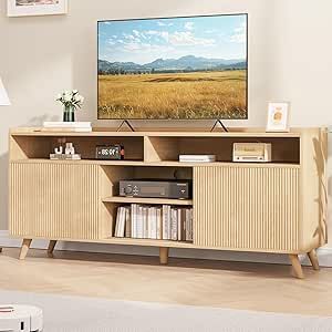 Boho Entertainment Center, Fluted Tv Stand, Tv Media Console, Entertainment Center With Storage, 65 Inch Tv, Wood Media Console, Under Tv, Wood Entertainment Center, Cabinet With Shelves