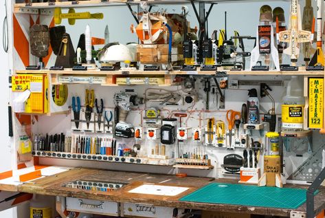 Location: Tom Sachs: Objects of Devotion | Point of References. Noguchi Table, Tom Sachs, Garage Workshop Organization, Garage Studio, Artist Workshop, Workshop Studio, Lean Six Sigma, Bedroom Setup, Workshop Organization