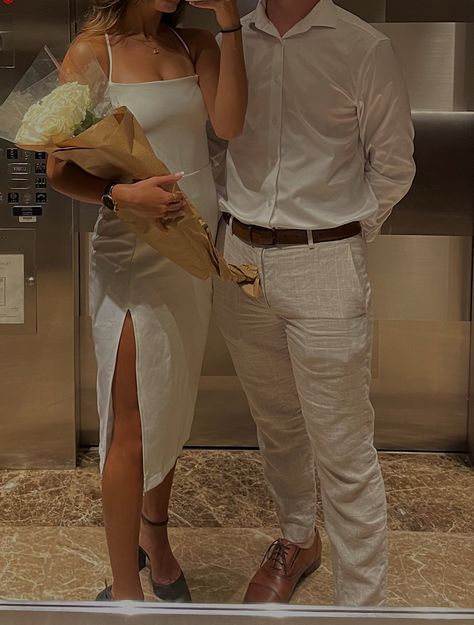 Anniversary Outfit Couple, Dinner Date Couple Pictures, Couple Date Poses, Dinner Date Poses For Couples, Couple Outfits Matching Classy Wedding, Couples Elegant Outfits Classy, Formal Couple Aesthetic, Couple Dinner Outfit, Couple White Outfit