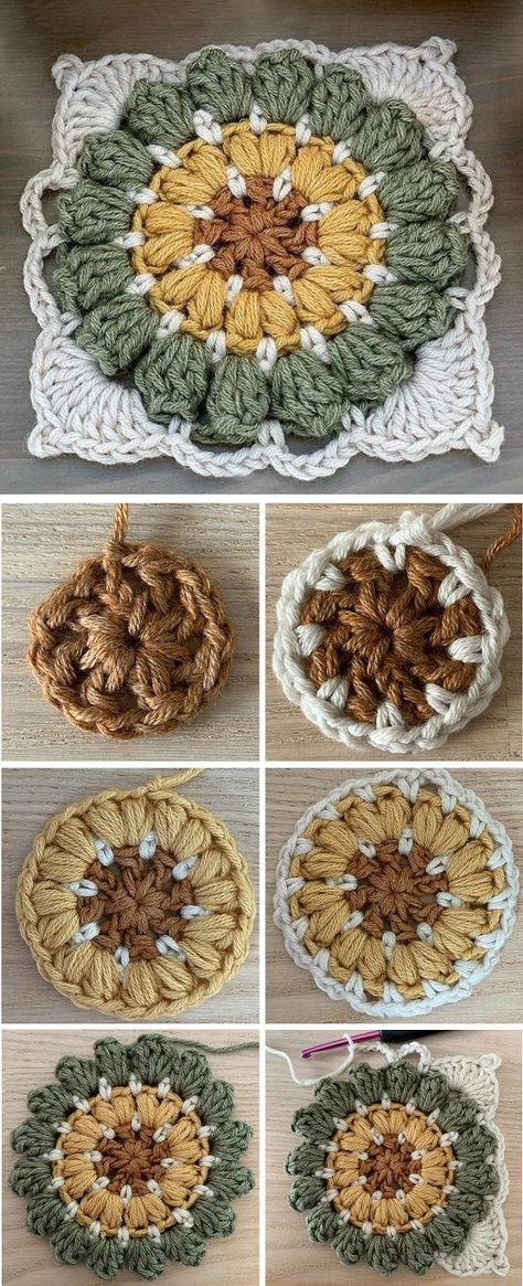 Crotchet Ideas For Dogs, Crochet Projects With Gray Yarn, Crochet Accents On Clothes, Pretty Crochet Squares, Different Granny Square Stitches, Macrame Granny Square, Boho Granny Square Pattern Free, Large Crochet Granny Square, Things To Crochet And Sell Craft Fairs