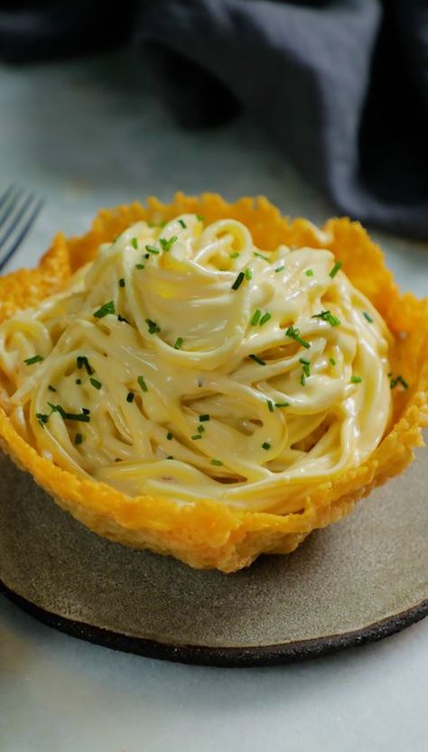 CREAMY SPAGHETTI WITH EDIBLE CHEESE BOWL | Castello Cheese Bowl, Creamy Spaghetti, Blue Cheese Burgers, Pasta Casserole Recipes, Pasta Casserole, Cheese Curds, Spring Salad, Cheesy Recipes, Cheese Pasta