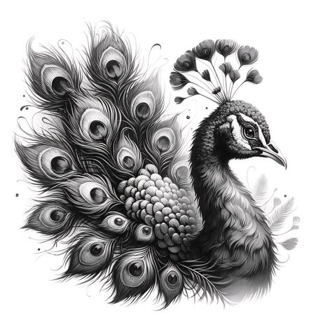 Peacock Drawing Realistic, Black And White Peacock Tattoo, Peacock Line Art, Bird Sketch Realistic, Peacock Tattoo Men, Peacock Tattoo Black And White, Peacock Drawings, Peacock Sketch, Peacock Drawing