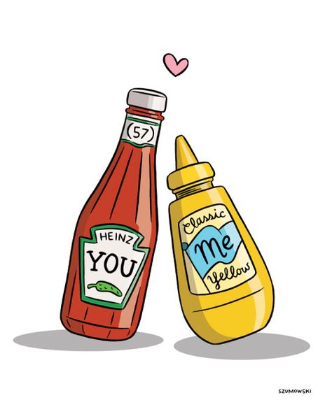 ketchup and mustard love - custom illustration by Laura Szumowski Ketchup Illustration, Mustard Illustration, Kraft Dinner, Painted Shirt, Ketchup And Mustard, Developer Logo, Mini Doodle, Paint Shirts