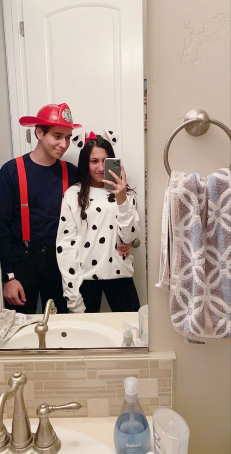 Fireman And Dalmatian Costume Couple, Diy Dalmation Costume Women, Dalmatian And Firefighter Costume, Fire Fighter And Dalmation Costume, Dalmatian Costume Women's, Firefighter And Dalmatian Costume Couple, Firefighter Couple Costume, Dalmatian Firefighter, Dalmatian Halloween Costume