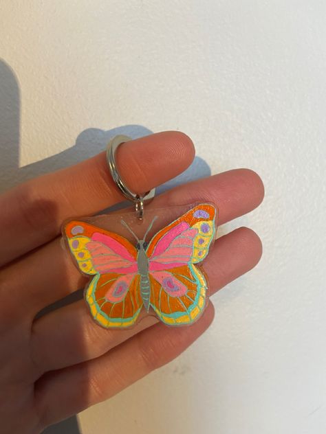 Shrinks Dink Ideas, Shrink Keychain, Shrinky Dink Ideas, Pink And Yellow Butterfly, Shrinky Dink Keychain, Shrinks Dink, Shrinky Dink Art, Shrinky Dink Crafts, Bachelorette Inspo