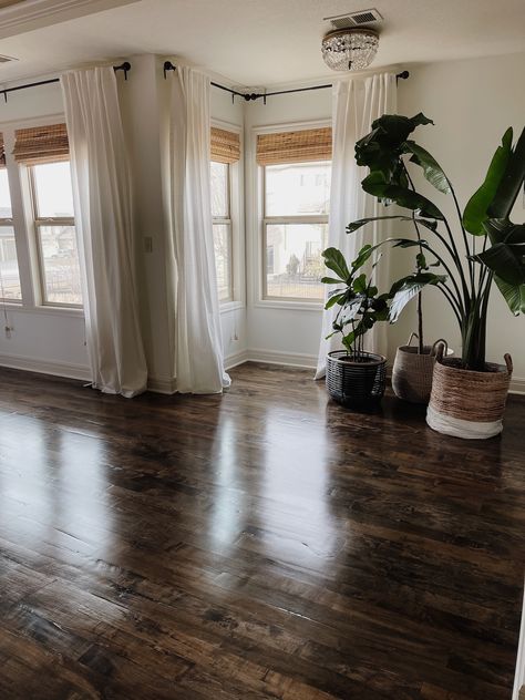 Adding Hardwood Floors in Primary Bedroom - Life Love Larson Dark Wood Floors Modern, Farmhouse Dark Floors, White Furniture Dark Floors, How To Style Dark Hardwood Floors, Dark Hardwood Floors Aesthetic, Bedroom Decor Dark Wood Floor, Dark Real Wood Floors, Hardwood Floor Room Ideas, Dark Wood Floor Light Walls