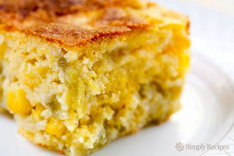 Green Chile Cornbread ~ Flavorful and moist green chile cornbread! Packed with corn, cheese, and Anaheim or Hatch green chiles. ~ SimplyRecipes.com Chile Cornbread, Green Chili Cornbread, Green Chile Cornbread, Mexican Cornbread Recipe, Mushroom Polenta, Cream Eggs, Mexican Cornbread, Chile Recipes, Chili And Cornbread