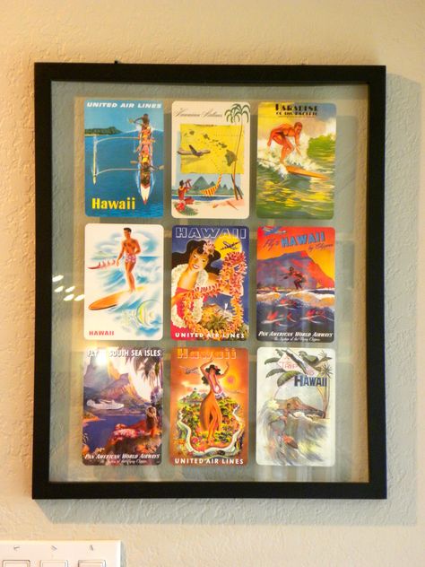 DIY postcard wall art.  I've seen so many great ideas for displaying postcards, here is what I came up with to display a collection of vintage reproduction Hawaiian postcards. Postcards On Wall Display Ideas, Displaying Postcards On Wall, Post Card Wall Art, Displaying Vintage Postcards, Creative Ways To Display Postcards, Framed Postcards Wall Decor, Postcard Collection Display, How To Display Postcards, Displaying Postcards