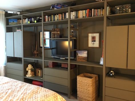 Ikea Ivar Bedroom, Ivar Shelves Hack, Ikea Ivar Built In, Ivar Ikea Bookshelves, Ivar Built In, Ivar Built In Hack, Ivar Painted Ikea, Ikea Ivar Office, Ivar Ikea Living Room