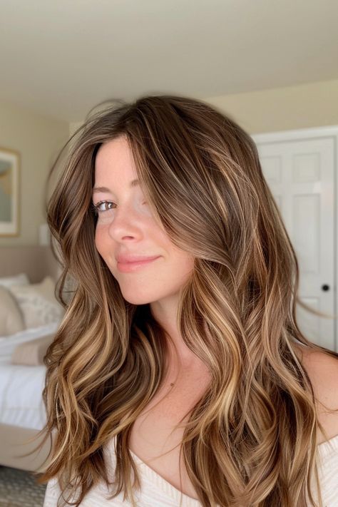 Young woman with long, wavy brown hair with blonde highlights, smiling in a softly lit bedroom. Auburn And Blonde Highlights, Highlights On Light Brown Hair, Layered Haircuts For Thick Hair, Golden Caramel Highlights, Brown Hair Hairstyles, Caramel Highlights On Brown Hair, Brown With Caramel Highlights, Warm Blonde Highlights, Highlights On Brown Hair