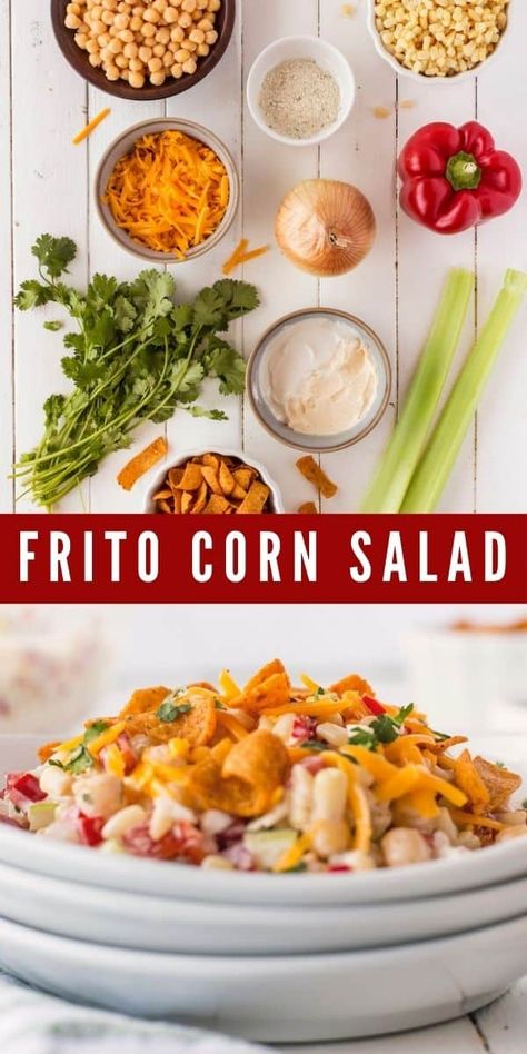 We love a good salad with texture and this Frito Corn Salad has it all - sweet corn with salty corn chips and fresh flavors from celery, bell pepper, and red onion. It also has garbanzo beans, and everything is tied together with a simple ranch-style dressing. Frito Corn Salad Recipe, Corn Chip Salad, Red Bean Salad, Corn Salad Recipe Easy, Frito Recipe, Frito Corn Salad, Chili Cheese Fritos, Corn Salad Recipe, Corn Salad Recipes