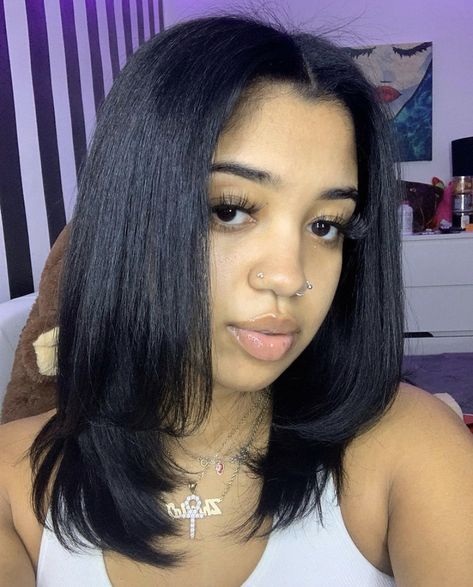 Straight Black Hair Styles, Middle Part Short Silk Press, Layers Bob Medium, Short Straight Sew In, Straight Hairstyles For Black Women Shoulder Length, Jet Black Hair On Black Women, Shoulder Length Hair Silk Press, Face Framing Layers Black Women, Face Framing Layers Silk Press