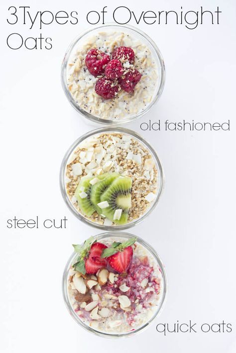 Three Types of Overnight Oats - Little Broken Types Of Oats, Oats Overnight, Vegetarian Menu, Breakfast And Brunch, Overnight Oatmeal, A Healthy Breakfast, Oats Recipe, No Cooking, Overnight Oats Recipe