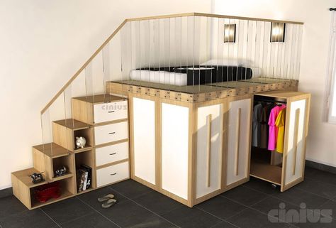 cabinet or loft? Space Saver Bed, Cama Closet, Adult Loft Bed, Space Saving Beds, Closet Bed, Bunk Beds With Stairs, Tiny Bedrooms, Bed In Closet Ideas, Solid Wood Bed