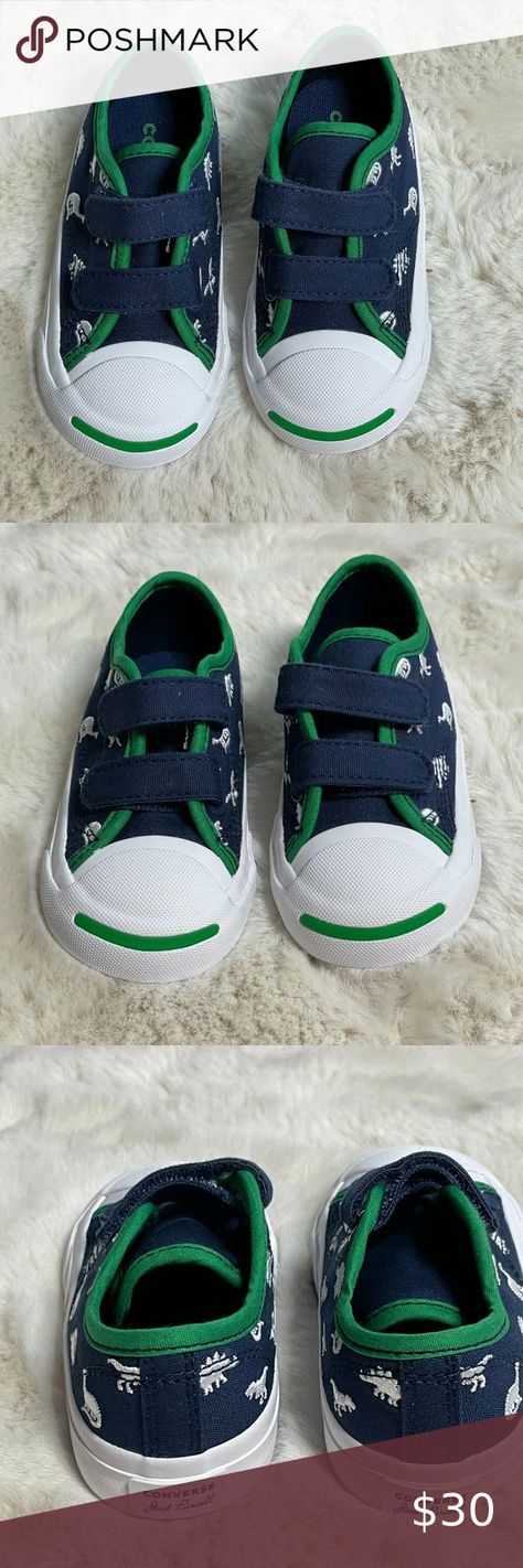 NEW-Converse Kids Jack Purcell 2V Ox-Dino - 6M Embroidered Dinosaur, Dinosaur Prints, Jack Purcell, New Converse, Navy Background, Dinosaur Print, Hook And Loop, Ox, Green And White