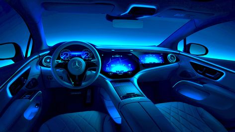 This is the first detailed look at the 2022 Mercedes-Benz EQS, an all-electric luxury sedan coming to streets near you soon. #mercedesbenz #eqc #interior #mercedesusa #automobilegeeks # Mercedes Eqs Suv Interior, Mercedes Eqs Interior, Mercedes Night Interior, Mercedes Inside Night, Mercedes Ambient Lighting, Luxury Cars Mercedes, Luxury Car Garage, Cars Music, Mercedes G Wagon