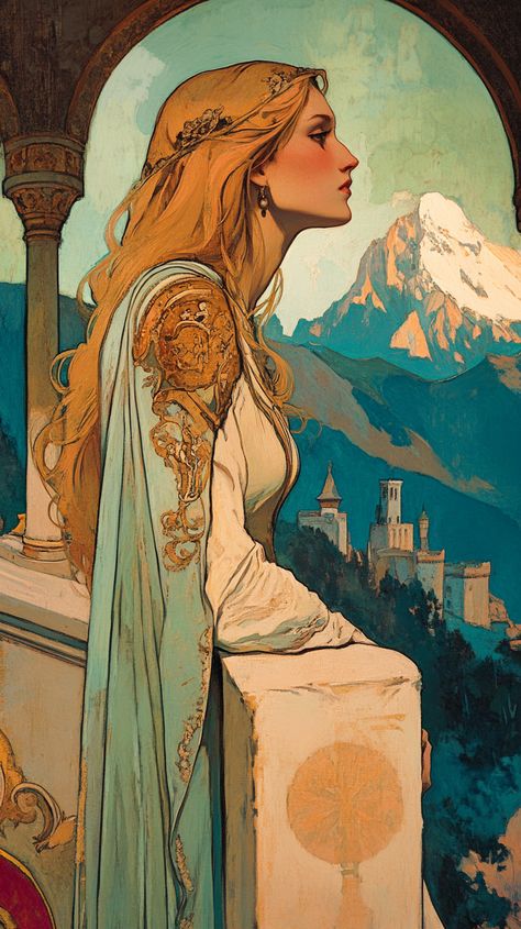 ✨🌹 Discover the enchanting world of a medieval princess in a stunning castle tower in the Pyrenees! 🏰🌄 Inspired by the mesmerizing styles of Gil Elvgren, Alphonse Mucha, and Moebius, this artwork bursts with vibrant colors that transport you to a realm of fantasy and elegance. 🎨💖 Embrace the magic of the past and let your imagination soar! ✨👑 #MedievalMagic #ArtInspiration #ColorfulFantasy... Regal Woman, White Dress With Gold, Medieval Princess, Enchanted Castle, Imagination Art, Gil Elvgren, Castle Tower, Long Blonde, Alphonse Mucha