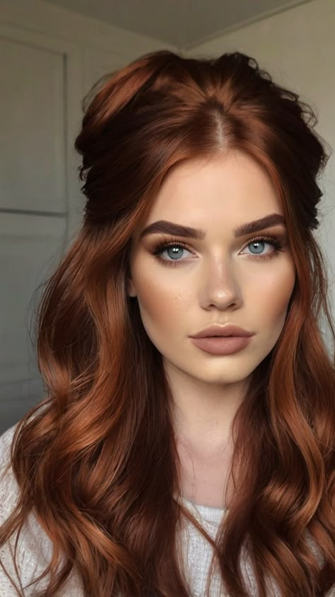 Best Trends for Copper Bob with Bangs ✨ Red And Copper Hair Color, Copper Red Head Hair, Round Face Red Hair, Level 6 Copper Brown Hair, Copper Winter Hair, Dark Auburn Hair Color With Money Piece, Dark Copper Hair With Bangs, Best Red Hair Color For Fair Skin, Auburn Hait