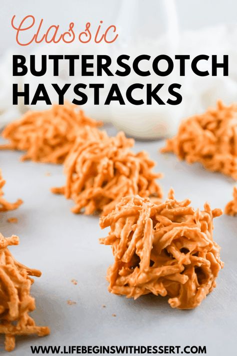 Haystack Cookies No Bake, Chow Mein Noodle Cookies, Fun Cookie Recipes, Butterscotch Haystacks, Cookies No Bake, Haystack Cookies, Haystacks Recipe, No Bake Recipe, Butterscotch Cookies