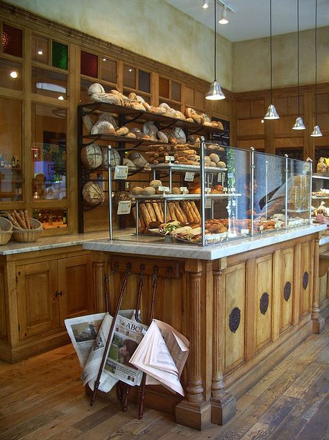 Le Pain Quotidien- One of my Mom's favorites. A beautiful, rustic French bakery that are all across the city. Bread Display, Pastry Display, Coffee Counter, Bakery Shop Design, Bakery Interior, Bread Shop, Bakery Display, French Bakery, Cafe Bistro