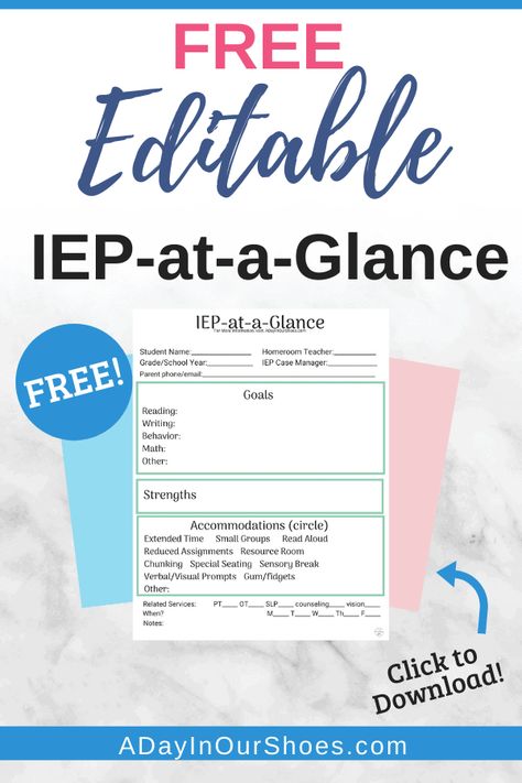 IEP at a Glance Template | Free | Printable | Editable via @lisalightner Iep Template, Iep Accomodations, Iep At A Glance, Iep Organization, Diverse Learners, Parent Teacher Meeting, Template Free Printable, Iep Meetings, Small Group Reading