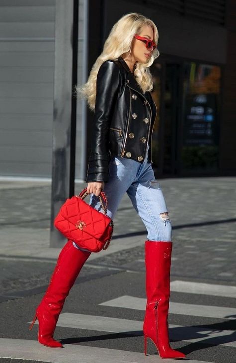 Red Knee High Boots Outfit, Milan Outfits, Red Knee High Boots, Knee High Boots Outfit, Knee Boots Outfit, Winter Boots Outfits, Baddie Outfit, High Boots Outfit, Leather Thigh High Boots