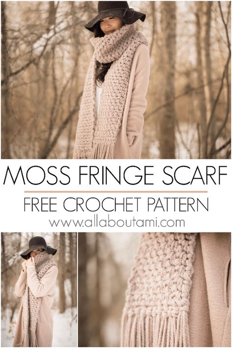 Moss Fringe Scarf (Wool-Ease Thick & Quick Version) - All About Ami Chunky Crochet Scarf Patterns, Super Chunky Wool Crochet Patterns Free, Chunky Yarn Scarf Crochet Pattern Free, Crochet Thick Yarn Projects, Super Chunky Yarn Crochet Patterns, Chunky Crochet Scarf Pattern Free, Chunky Scarf Pattern, Chunky Yarn Crochet Pattern, Bulky Yarn Crochet