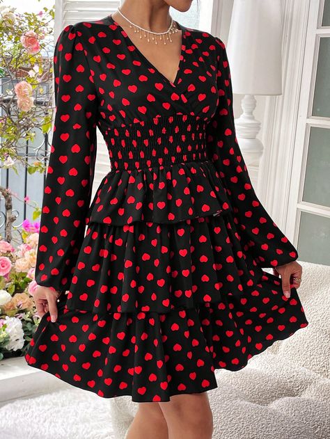 Black Casual Collar Long Sleeve Polyester Heart,All Over Print A Line Embellished Non-Stretch  Women Clothing Ruched Waist Dress, Shirred Waist Dress, Mr Men Little Miss, Heart Print Dress, Spring Women, Colour Star, 70 Dress, Heart Pattern, Lace Ruffle