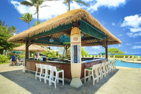 Pool Inspiration, Bar Counter Design, Hawaii House, Outdoor Restaurant Design, Bar Station, Terrace Restaurant, Tiki Bar Decor, Resort Architecture, Pool Waterfall