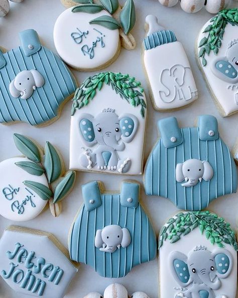 Elephant Cookies Decorated, Elephant Baby Shower Cookies, Cookie Room, Elephant Babyshower, Elephant Baby Shower Theme Boy, Celebration Cookies, Baby Bottle Cookies, Elephant Baby Boy, Onesie Cookies