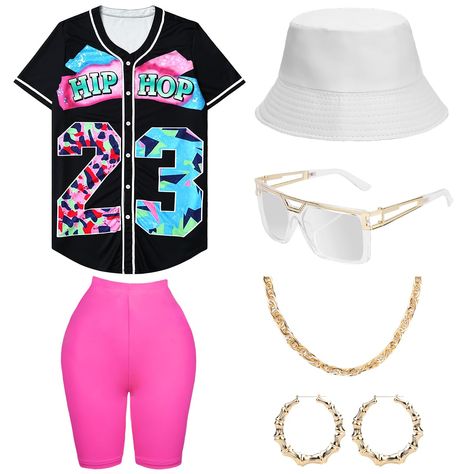 PRICES MAY VARY. 【80s 90s Neon Costumes & Accessories Set】：Includs 6 accessories, baseball jersey shirt x1, yoga pants x1, bucket hat x1, artificial gold rope chain x1, hip hop glasses x1, 1 pair of earrings. This complete outfit and accessory set is perfect for any 80s 90s-themed party, allowing you to stand out and express your hiphop style. 【Bright Colored Accessories】：Bright and colorful colors make you stand out at parties in the 80s 90s. Baseball jersey shirt, short sleeve yoga pants, and Women's 90s Outfits, 90s Baseball, Hiphop Style, Baseball Accessories, Hip Hop Costumes, Outfit For Women, Unisex Clothes, Baseball Jersey Shirt, 90s Outfit