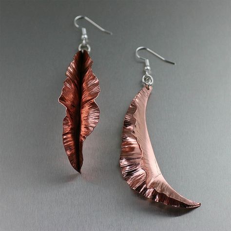 Fold Formed Copper Leaf Earrings - Large Fold Forming, Copper Jewellery, Copper Gifts, Copper Wire Jewelry, Copper Jewelry Handmade, Copper Leaf, Wire Jewelry Designs, Jewelry Making Tools, Jewelry Techniques