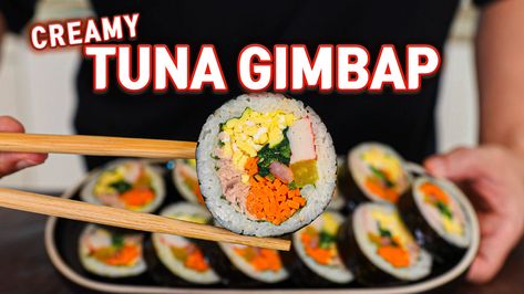 Tuna Gimbap - Aaron and Claire Korean Potato Pancake, Authentic Korean Food, Korean Vegetables, Korean Glass Noodles, Cucumber Kimchi, Beef Fried Rice, Rice Noodle Soups, Tuna Sandwich, Spicy Korean