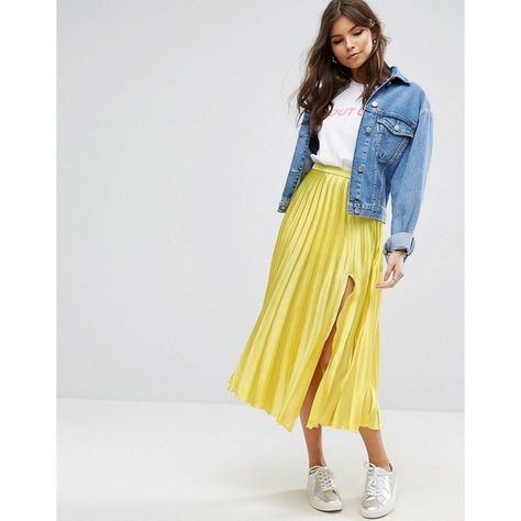 ASOS Satin Pleated Midi Skirt with Thigh Split (685 ZAR) ❤ liked on Polyvore featuring skirts, yellow, party skirts, mid calf skirts, asos, shiny skirt and high-waisted skirts Yellow Pleated Skirt For Summer, Casual Yellow Pleated Summer Skirt, Yellow Pleated Skirt Outfit, Casual Yellow Pleated Skirt, Yellow Summer Pleated Skirt, Yellow Pleated Midi Skirt, Yellow Skirts, Yellow Pleated Skirt, Yellow Prom