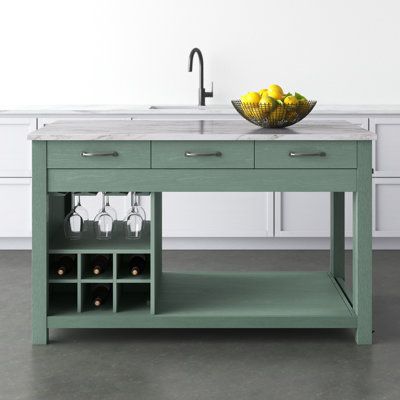 This expandable kitchen island is just right for adding extra counter + storage space to your kitchen. The two-tone wood design combines solid and engineered wood, featuring a white, marble-inspired countertop and a contrasting green base. With three drawers, two exterior shelves, and a six-bottle wine compartment, there's plenty of storage for your favorite cookbooks, pots, and pans. The large tabletop offers a convenient area for food prep, while the extendable table creates additional room fo Movable Kitchen Island With Seating, Portable Kitchen Island Ideas, Expandable Kitchen Island, Extendable Kitchen Island, Kitchen Island Wood, Marble Top Kitchen Island, Kitchen Island Furniture, Counter Storage, Couches Living