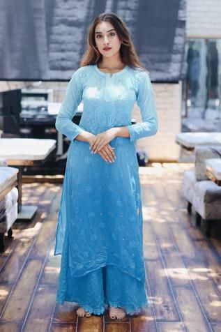 Shop for Label Aishwaryrika Blue Georgette Chikankari Kurta for Women Online at Aza Fashions Chikankari Kurta Lucknowi, Stylish Kurtis Design, Chikankari Kurta, Chikankari Kurti, Chikankari Suits, Kurta For Women, Traditional Indian Dress, Kurti Designs Latest, Long Kurti Designs