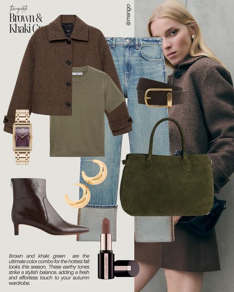 Brown and khaki green✨ the ultimate color combo for the hottest fall looks this season. These earthy tones strike a stylish balance, adding a fresh and effortless touch to your autumn wardrobe 🍂🫒 Comment “LINK” below and I’ll DM you the outfit details 🔗🫶🏻 ☕️🥐 Like, comment, share with a friend, or save this inspiration for later! Also follow and subscribe to @thevoguetale on the @shop.LTK app so you don’t miss out and stay updated on all the latest recommendations!💕 #fashion #ootd #outfit... Olive Monochromatic Outfit, Khaki Colour Combinations Outfit, Army Green And Brown Outfit, Olive Green Leather Jacket Outfit, Brown Combo Outfit, Earthy Color Outfits, Olive Green Fall Outfits, Earthy Style Outfits, Green Leather Jacket Outfit