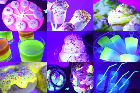 9 Sweet Food Ideas That Glow In The Dark | EKP Glow In Dark Food, Glow In The Dark Party Desserts, Glow In The Dark Cakes Birthdays, Glow In The Dark Party Food Ideas, Glow In The Dark Party Snacks, Glow In The Dark Party Food, Savory Food Ideas, Sweet Food Ideas, Glow In The Dark Food