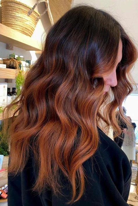 Hottest Brown Ombre Hair Ideas ★ Brown Hair To Red Ombre, Brunette Auburn Ombre Hair, Red Brown Hair Ombre, Copper Tips On Brown Hair, Ombre Hair Color Natural Hair, Dark Brown To Orange Ombre, Copper Brown Ombre Hair, Copper And Blonde Balayage Dark Brown, Brunette To Ginger Ombre