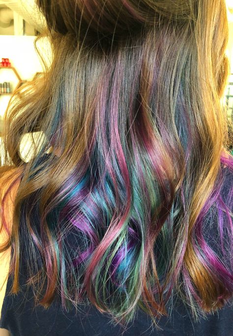 Rainbow Hair with Bangs: A Bold & Edgy Summer Hair Look Rainbow Tips Hair, Oil Spill Hair Brunettes, Rainbow Highlights Hair Brown, Rainbow Hair Highlights, Peacock Hair Color, Colorful Highlights In Brown Hair, Under Hair Dye, Edgy Summer, Oil Slick Hair