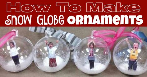 How to Make Snow Globe Ornaments - using Plastic Cups and Balls - So Easy and fun for Kids to make. Ornaments Diy Kids, Clear Plastic Ornaments, Snow Globe Crafts, Christmas Preschool, Picture Ornaments, Christmas Crafts For Kids To Make, Clear Ornaments, Globe Ornament, Simple Christmas Decor