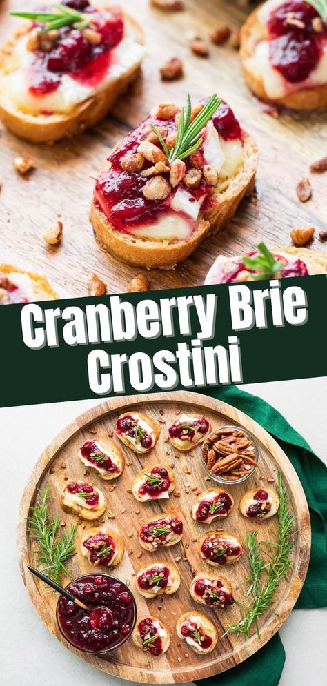 Sliced baguette topped with brie cheese, cranberry sauce, pecans, and fresh rosemary. Cranberry Brie Crostini, Brie Cranberry Appetizer, Cranberry Crostini, Baguette Appetizer, Brie Crostini, Cranberry Appetizer, Crostini Appetizer, Brie Cheese Recipes, Cranberry Brie Bites